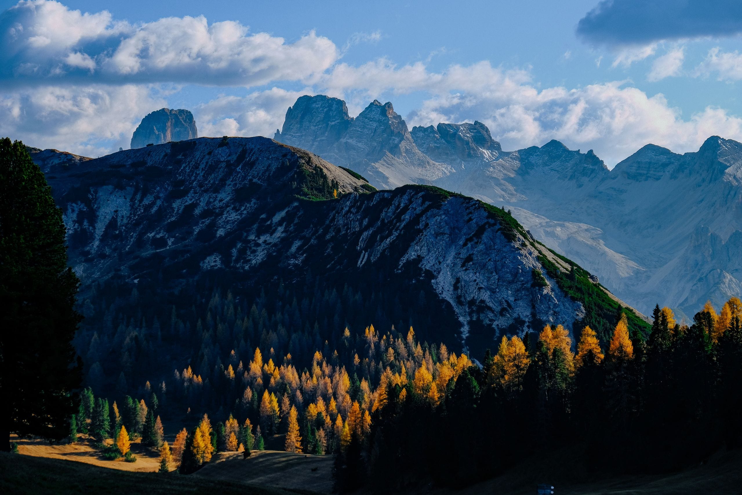 Breathtaking autumn landscape of the Dolomites mountains in Italy, sho