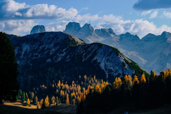 Breathtaking autumn landscape of the Dolomites mountains in Italy, sho