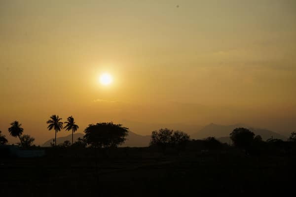 Golden sunset over trees and mountains in Krishnankovil, India.