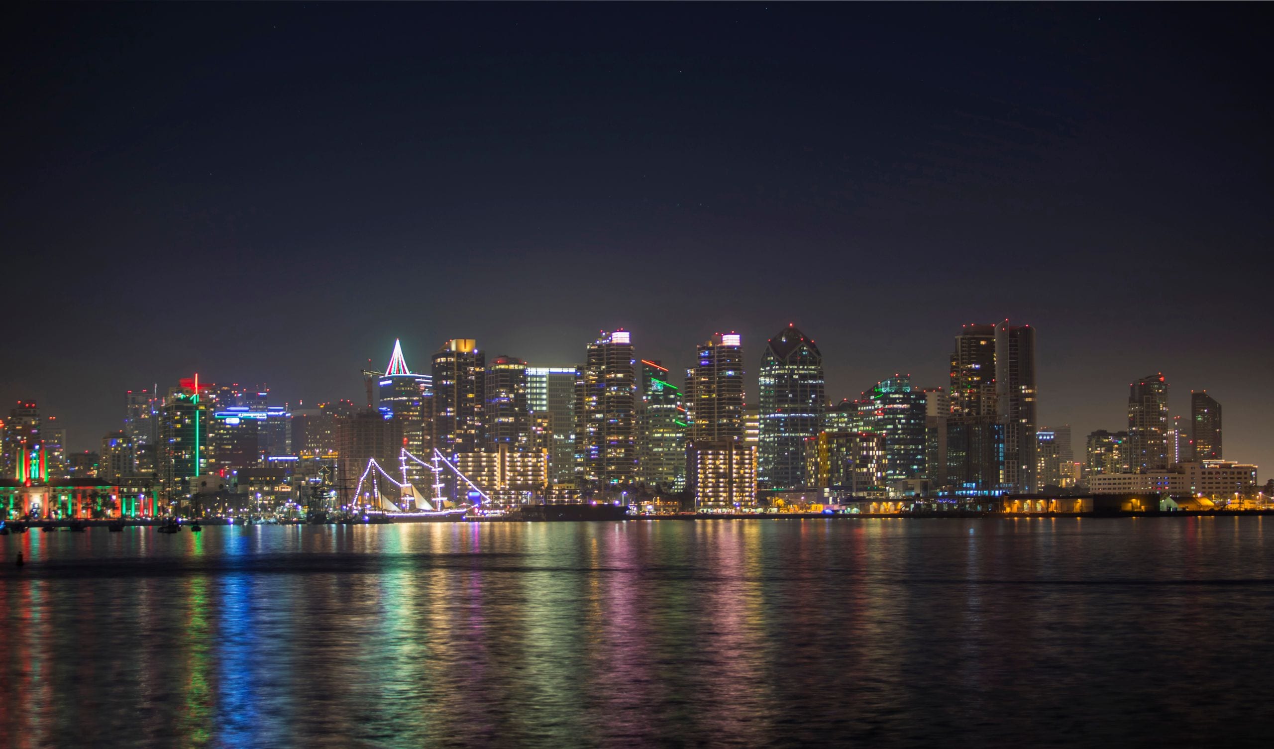 Vibrant nighttime cityscape with illuminated skyscrapers reflecting on