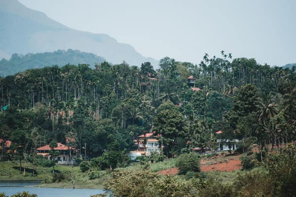 Scenic view of a lush hillside village surrounded by trees and mountai