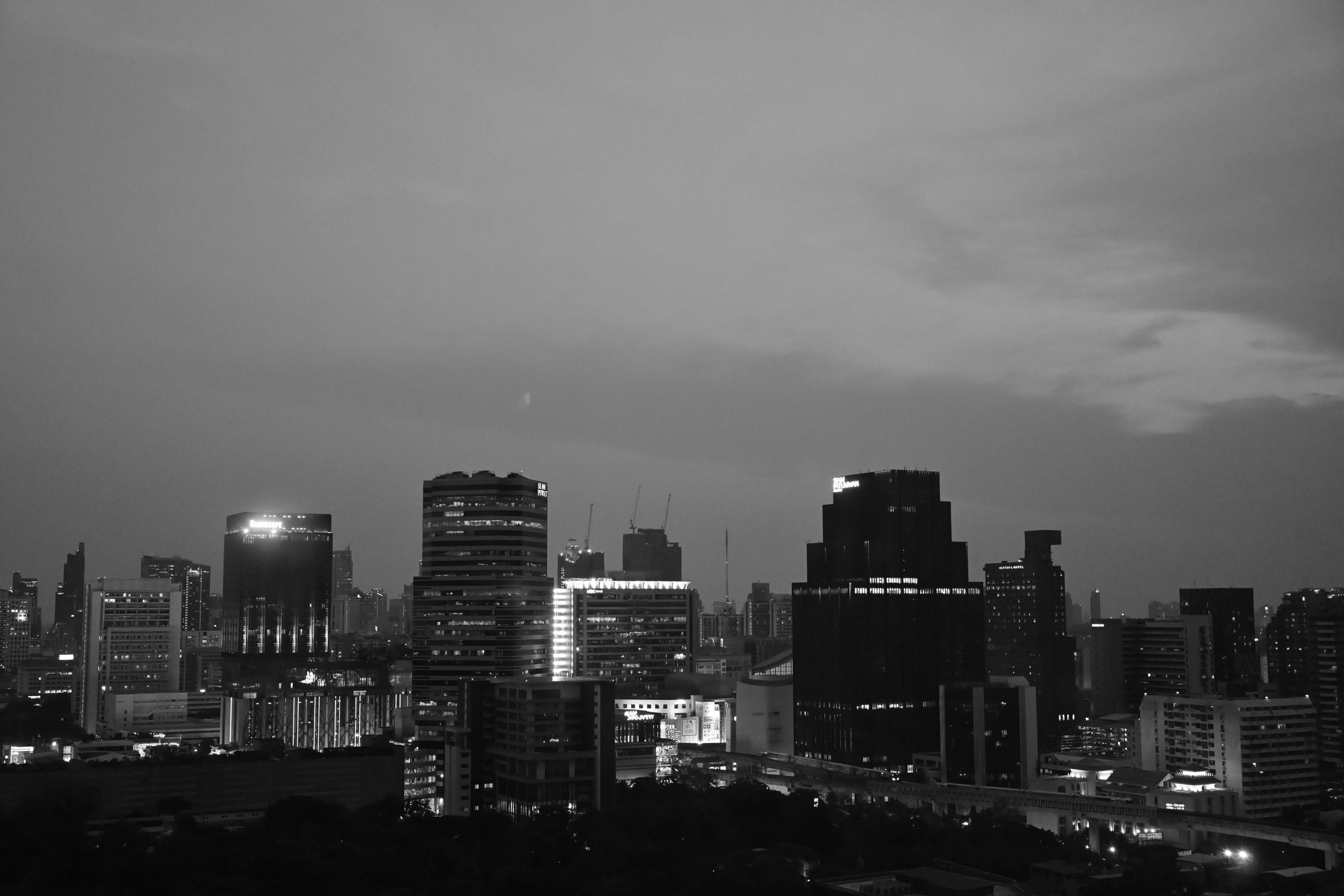 Aerial view of Bangkok's skyline in black and white captures an urban