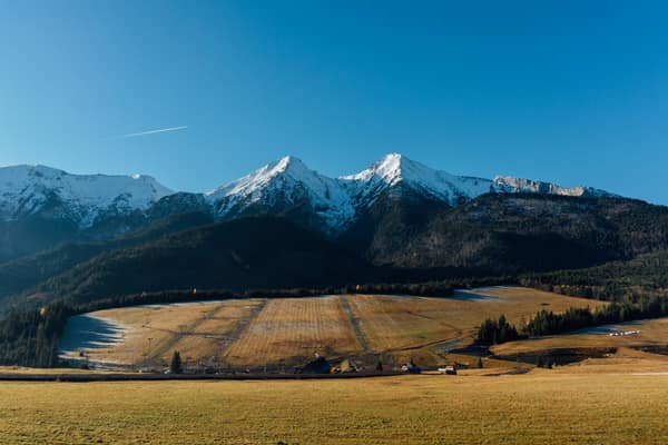 Breathtaking panoramic view of the snow-capped mountains and open fiel