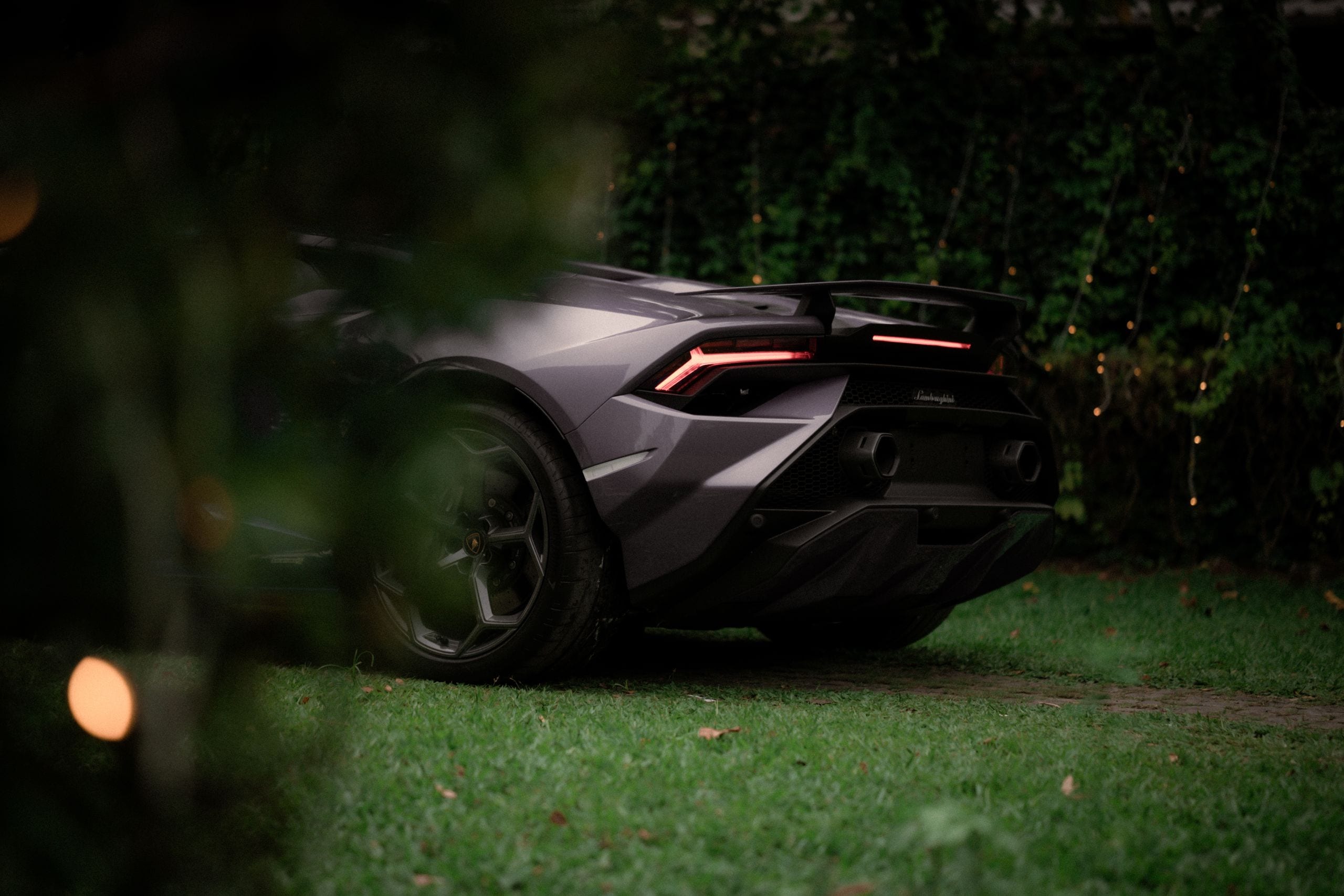 A sleek luxury sports car parked on green grass surrounded by ambient