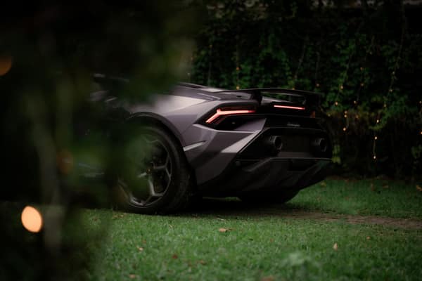 A sleek luxury sports car parked on green grass surrounded by ambient 