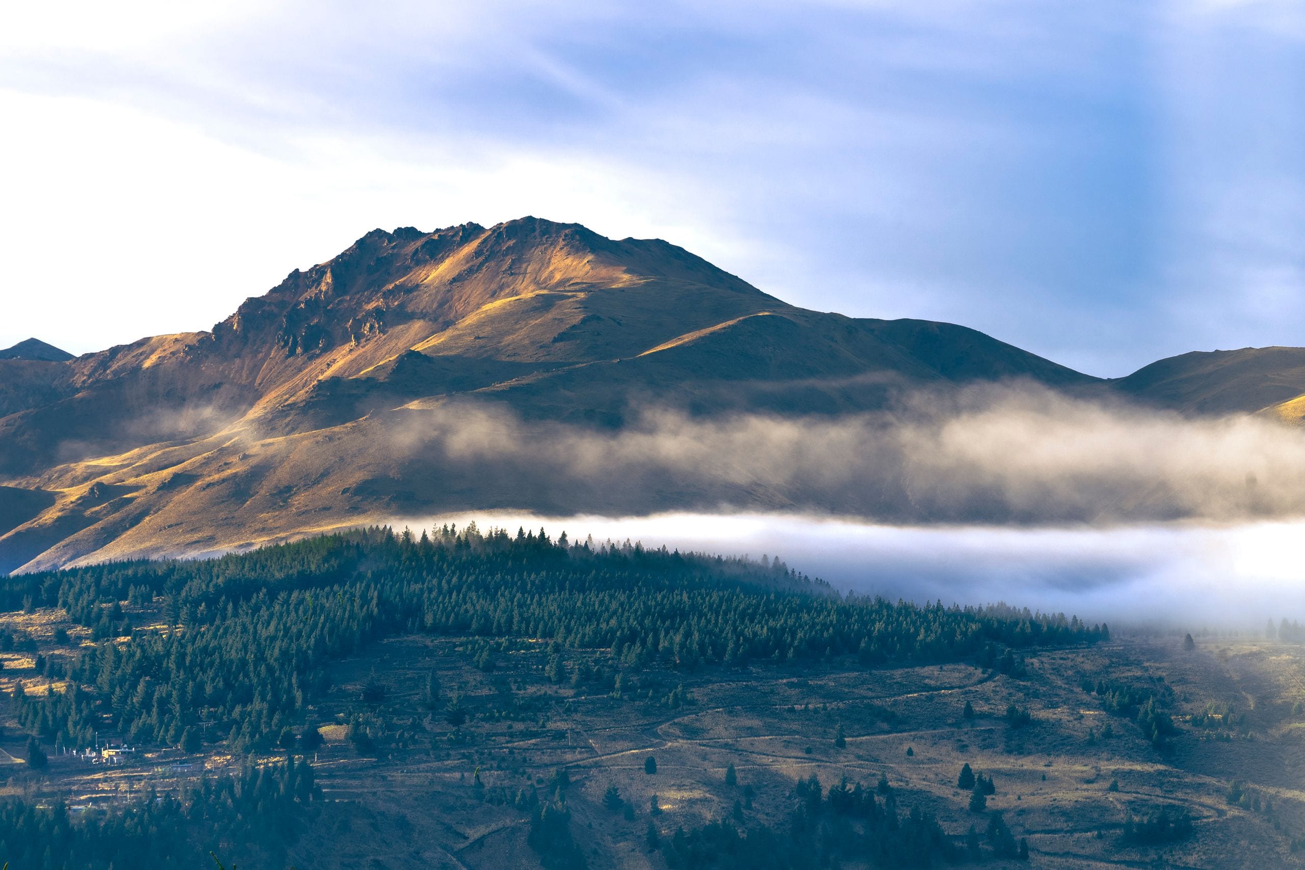 Scenic mountain landscape with fog and forests in Esquel, Chubut Provi