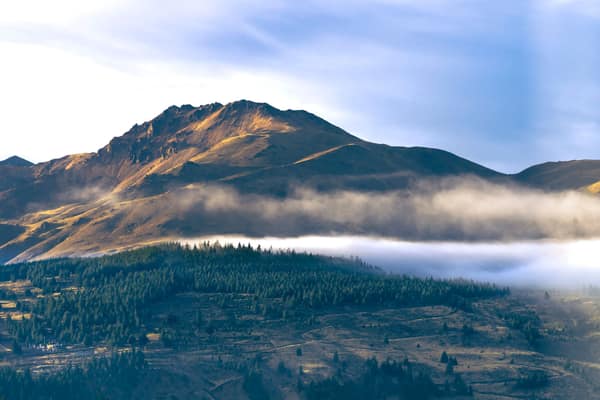 Scenic mountain landscape with fog and forests in Esquel, Chubut Provi